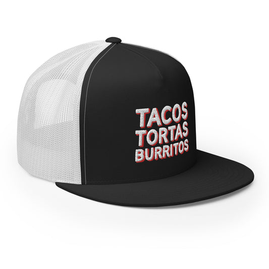 Tacos Tortas Burritos Trucker Cap - Black and White