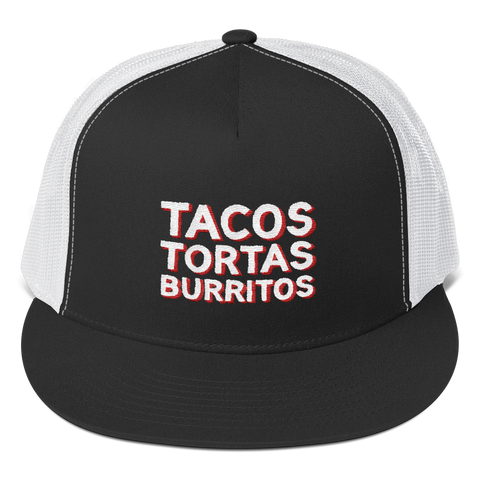 Tacos Tortas Burritos Trucker Cap - Black and White